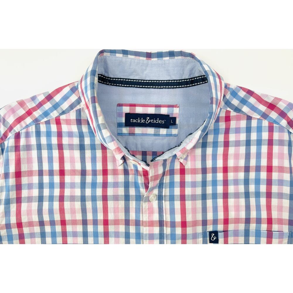 Tackle & Tides Preppy Button Shirt Mens Large White Pink Blue Plaid Long Sleeve